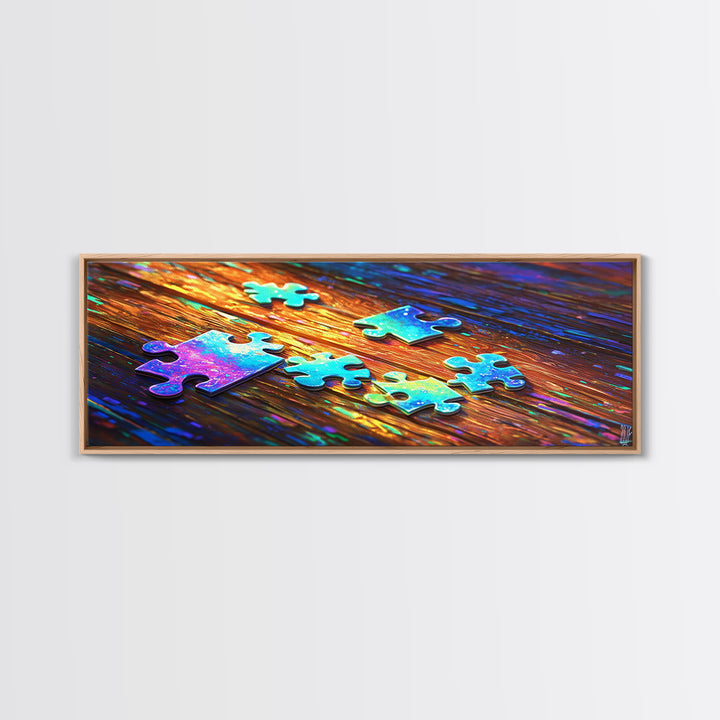 Rainbow Puzzle Pieces On Wood Table Canvas Print, Game Room Wall Art, Colorful Abstract Art, Playroom Decor, Unique Gift