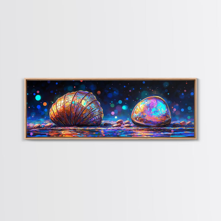 Glowing Seashell And Polished Stone Framed Canvas Print, Coastal Wall Art, Ocean Decor, Beach House Decor, Nautical Gift