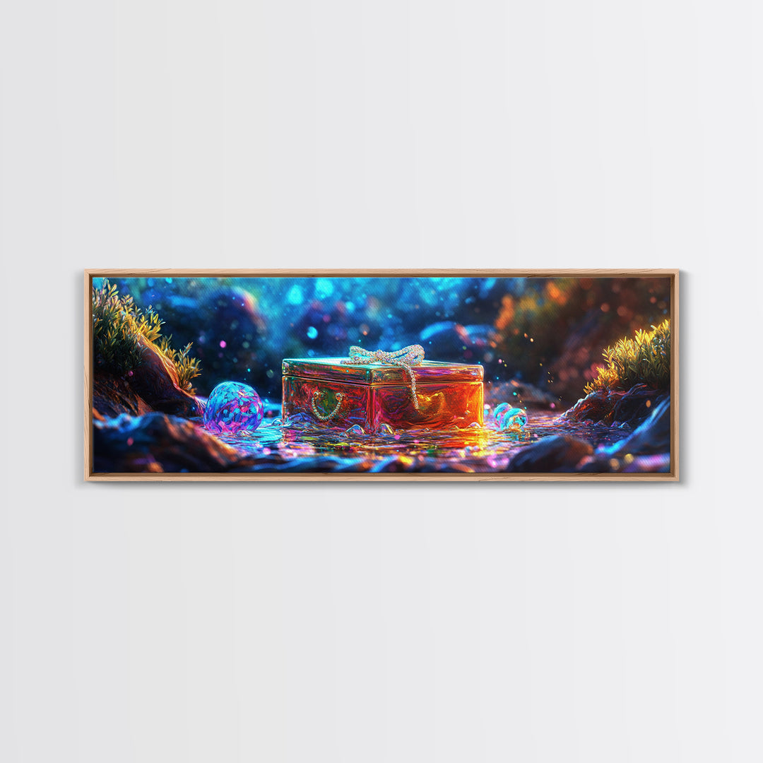 Glass Treasure Box In Magical Stream Framed Canvas Print, Fantasy Wall Art, Nature Inspired Art, Whimsical Home Decor, Gift