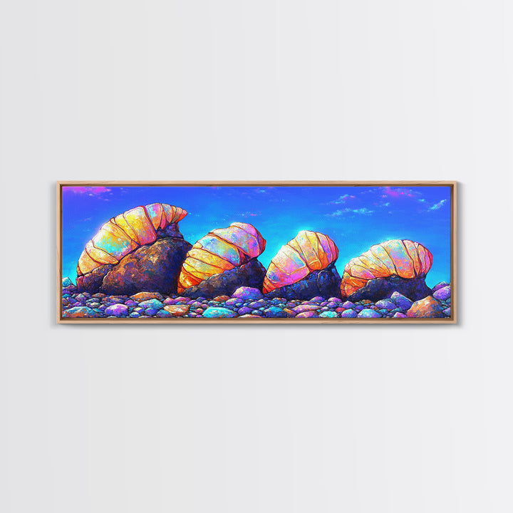 Iridescent Hermit Crabs On Pebble Shore Canvas Print, Coastal Wall Art, Beach House Decor, Ocean Art, Nautical Decor, Gift