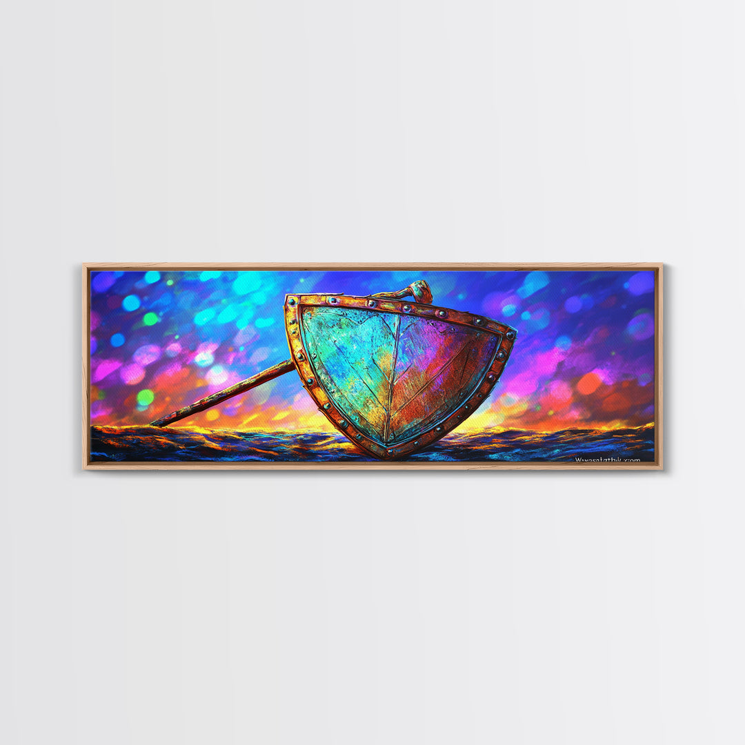 Iridescent Viking Shield And Spear Canvas Print, Fantasy Wall Art, Norse Decor, Medieval Warrior Gift For Him, Game Room Decor