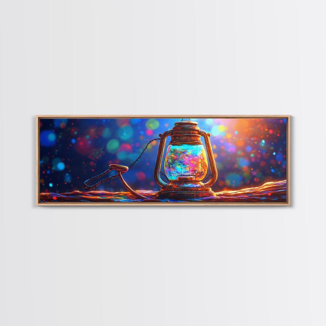 Glowing Jar Lantern With Rope Framed Canvas Print, Colorful Rustic Wall Art, Coastal Cabin Decor, Unique Housewarming Gift
