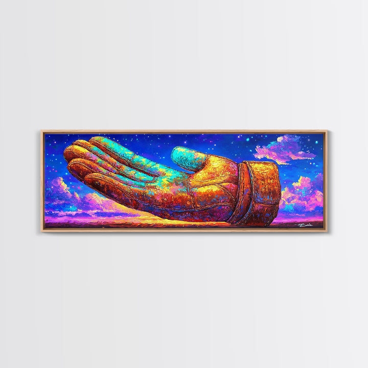 Surreal Leather Glove Floating In Starry Sky Canvas Print, Whimsical Fantasy Wall Art, Colorful Dream Decor, Unique Gift