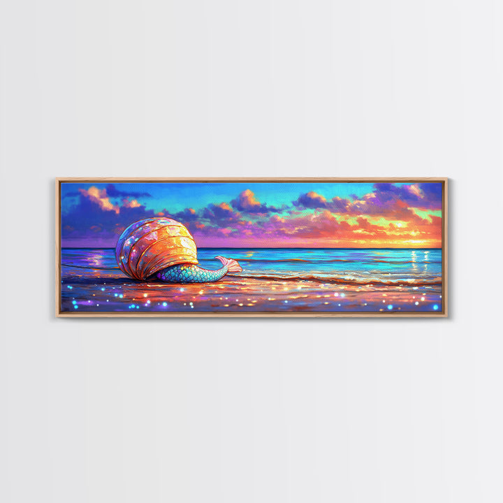 Glowing Seashell Mermaid Tail Wall Art, Coastal Canvas Print, Beach House Decor, Ocean Sunset Art For Nautical Nursery Room