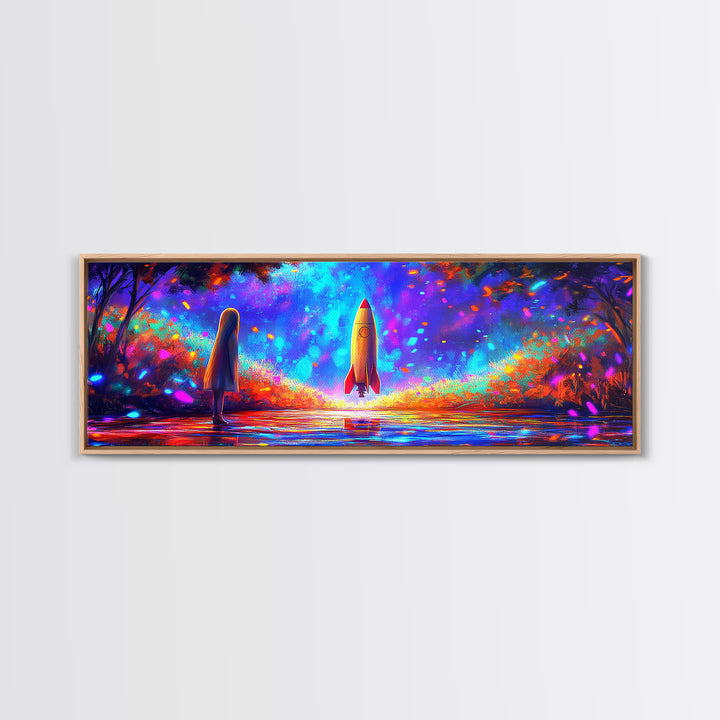 Rocket Launch Through Neon Forest Canvas Print, Futuristic Space Wall Art, Sci Fi Room Decor, Adventure Poster Gift For Him