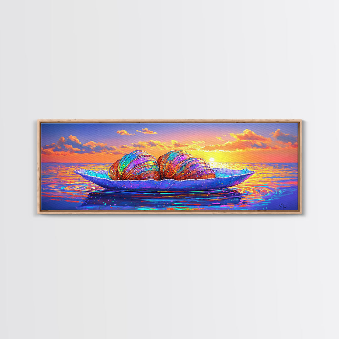 Rainbow Seashells On Ocean Leaf Canvas Print, Coastal Wall Art, Beach House Decor, Seascape Art Print, Blue Ocean Wall Decor