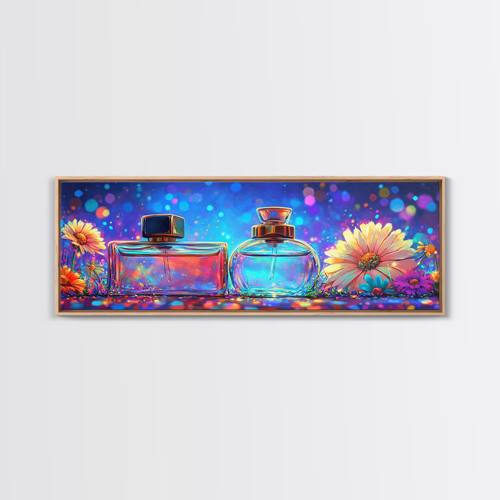 Glowing Perfume Bottles And Daisy Flowers Framed Canvas Print, Feminine Wall Art, Beauty Room Decor, Gift For Her, Vanity Decor