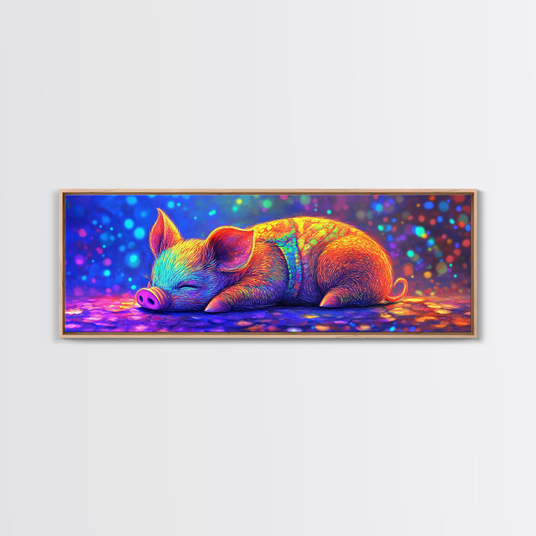 Sleeping Piglet In Rainbow Light Canvas Print, Cute Animal Wall Art, Nursery Decor, Farm Animal Art, Kids Room Wall Decor