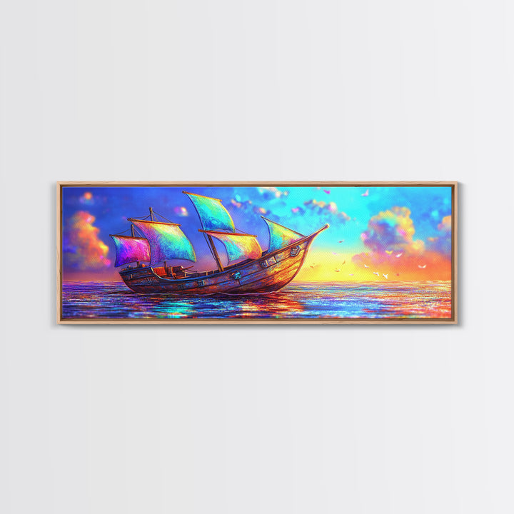 Colorful Fantasy Sailboat At Sunset Canvas Print, Nautical Coastal Wall Art, Ocean Landscape Decor, Beach House Gift Idea