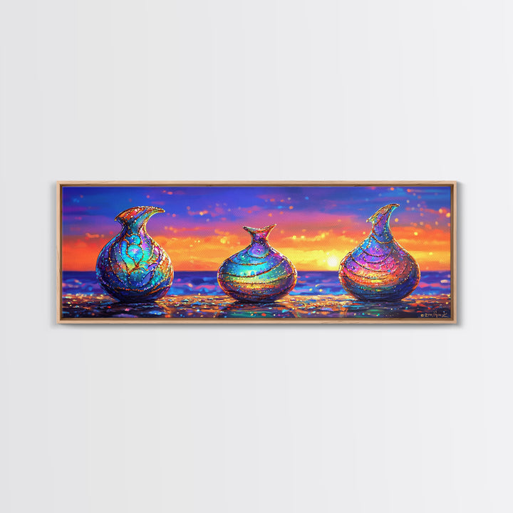 Iridescent Glass Vases At Ocean Sunset Framed Canvas Print, Coastal Wall Art, Colorful Still Life, Beach House Decor Gift