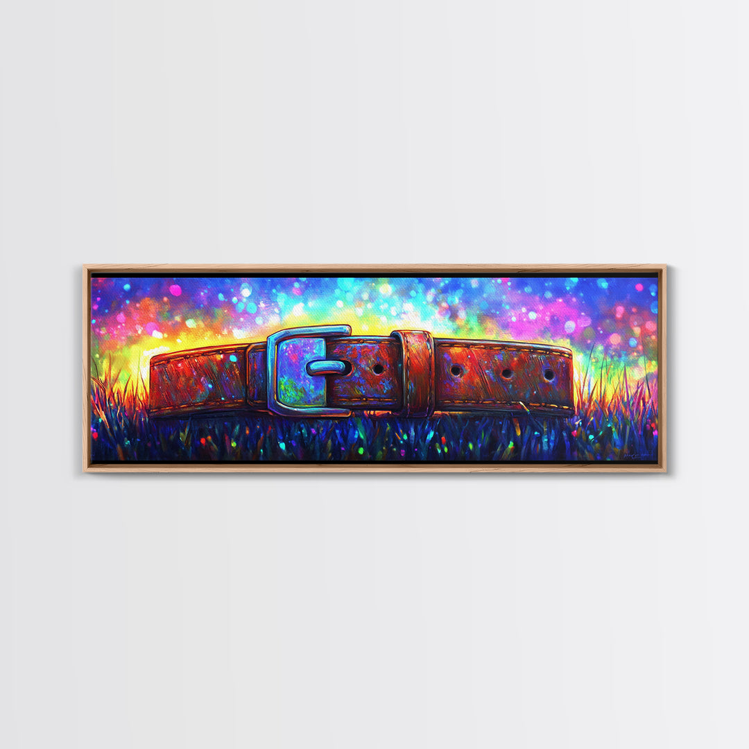 Weathered Leather Belt In Neon Grass Canvas Print, Rustic Wall Art, Western Decor, Masculine Office Decor, Unique Gift For Him