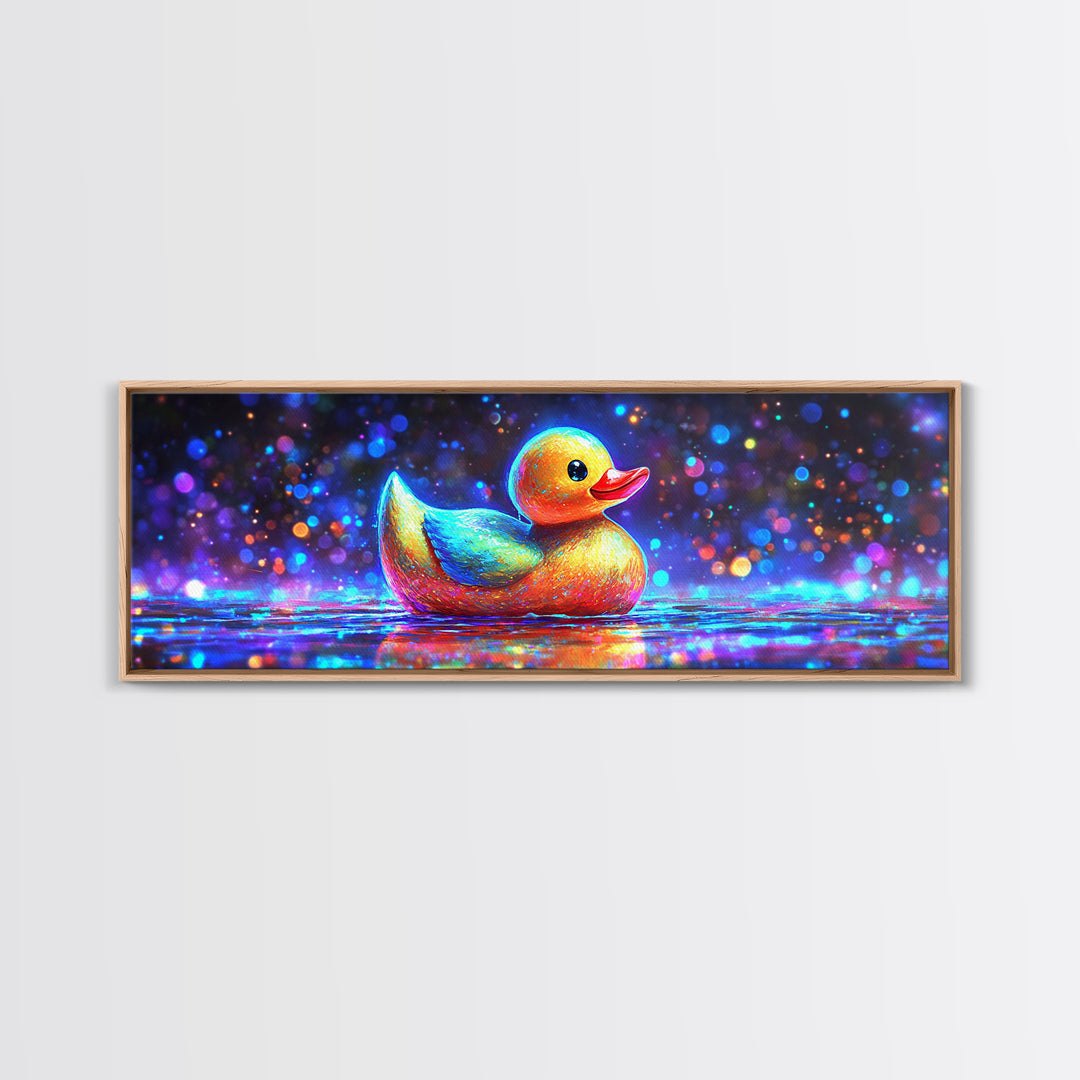 Rainbow Rubber Duck On Sparkling Water Wall Art, Whimsical Bathroom Decor, Kids Room Art, Cute Animal Canvas Print, Gift For Kids