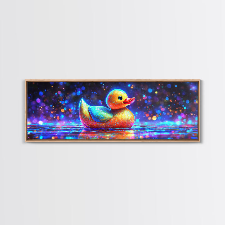 Rainbow Rubber Duck On Sparkling Water Wall Art, Whimsical Bathroom Decor, Kids Room Art, Cute Animal Canvas Print, Gift For Kids