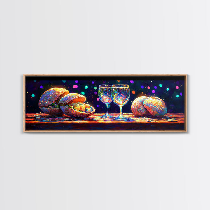 Iridescent Seashells And Wine Glasses Canvas Print, Coastal Kitchen Wall Art, Beach House Decor, Dining Room Print, Gift For Her
