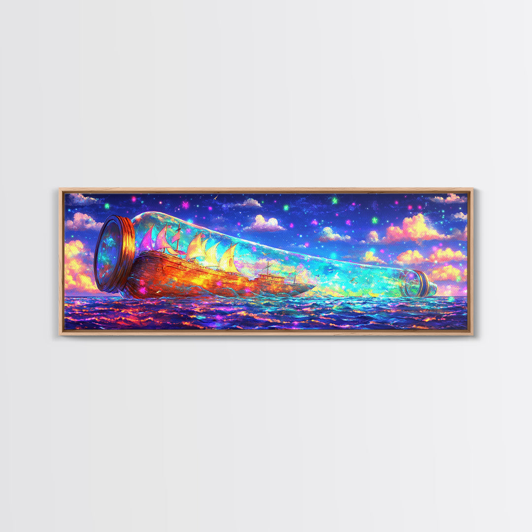 Glowing Message Bottle At Starry Sea Canvas Print, Fantasy Wall Art, Ocean Decor, Nautical Print, Whimsical Coastal Gift