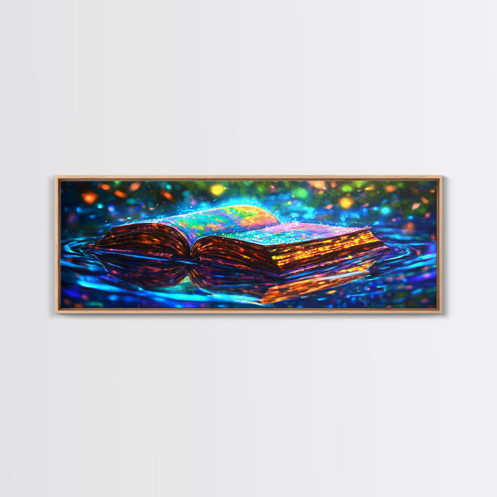 Glowing Open Book On Moonlit Water Canvas Print, Fantasy Wall Art, Library Decor, Book Lover Gift, Magical Reading Nook Art