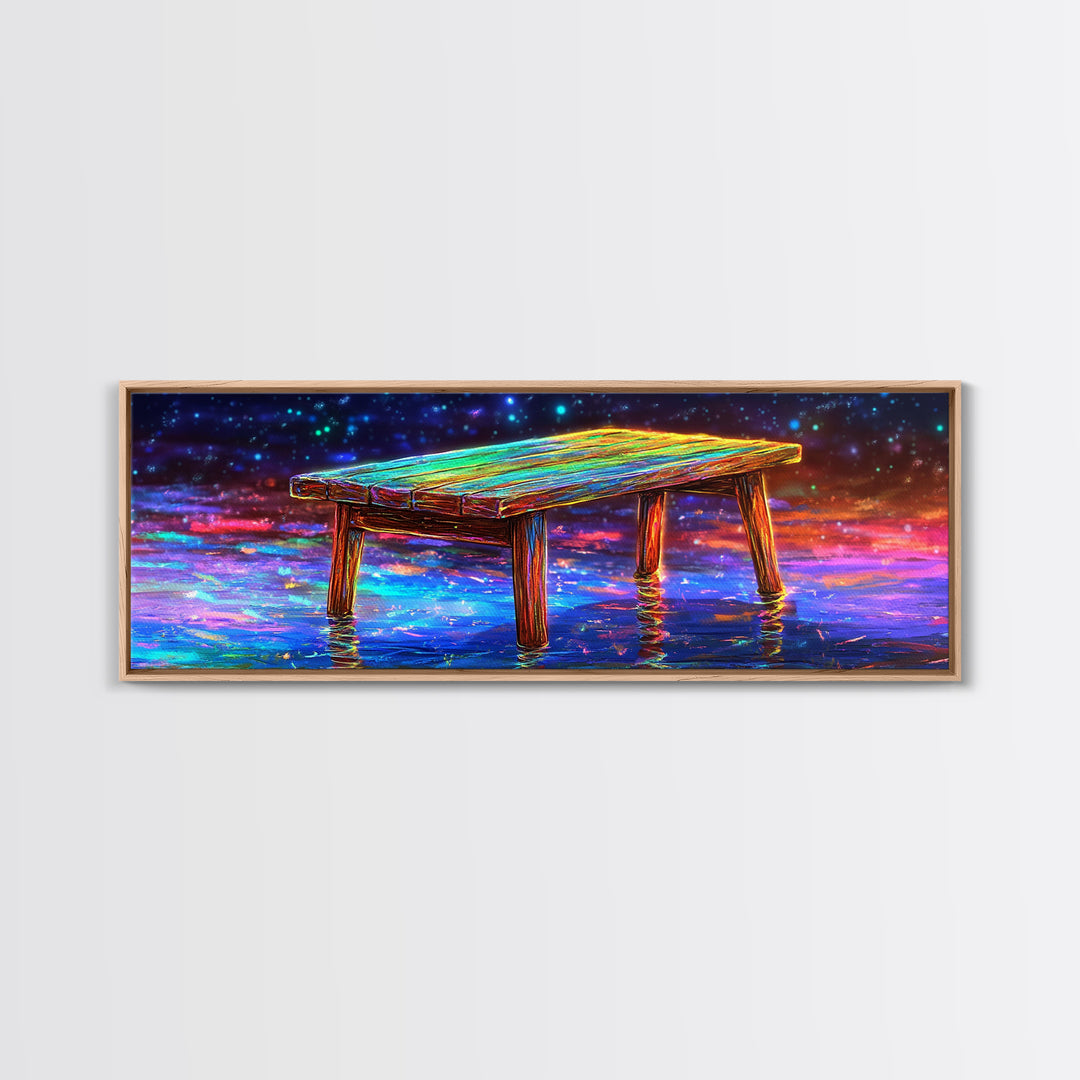 Glowing Wooden Dock Over Reflective Water Wall Art, Starry Landscape Canvas Print For Lake House Decor And Home Office Decor
