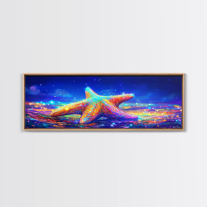Rainbow Starfish In Moonlit Surf Canvas Print, Coastal Wall Art, Ocean Seascape Decor, Beach House Gift For Her, Summer Decor