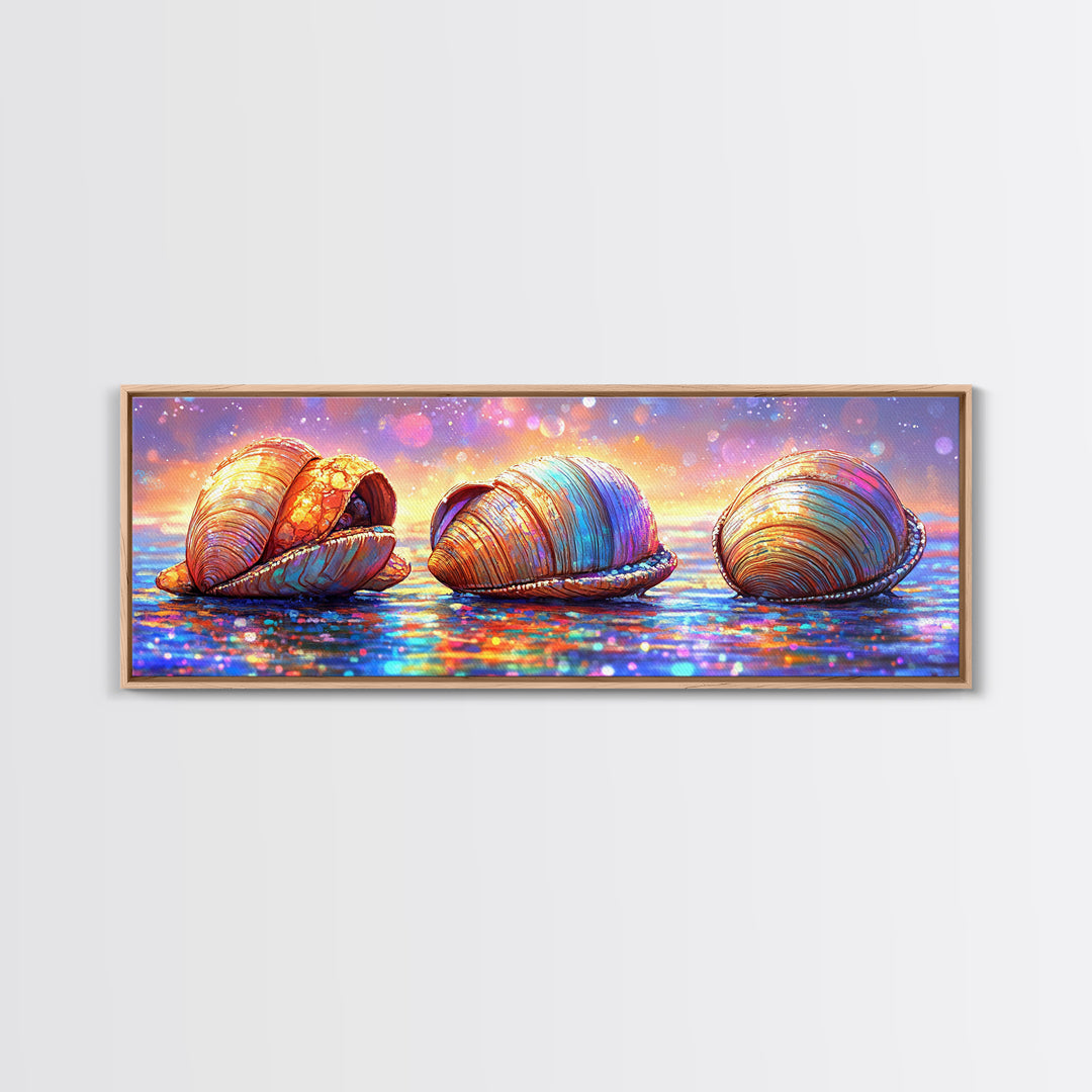 Iridescent Seashells On Sparkling Shore Wall Art, Coastal Canvas Print, Beach House Decor, Ocean Lover Gift For Her Home