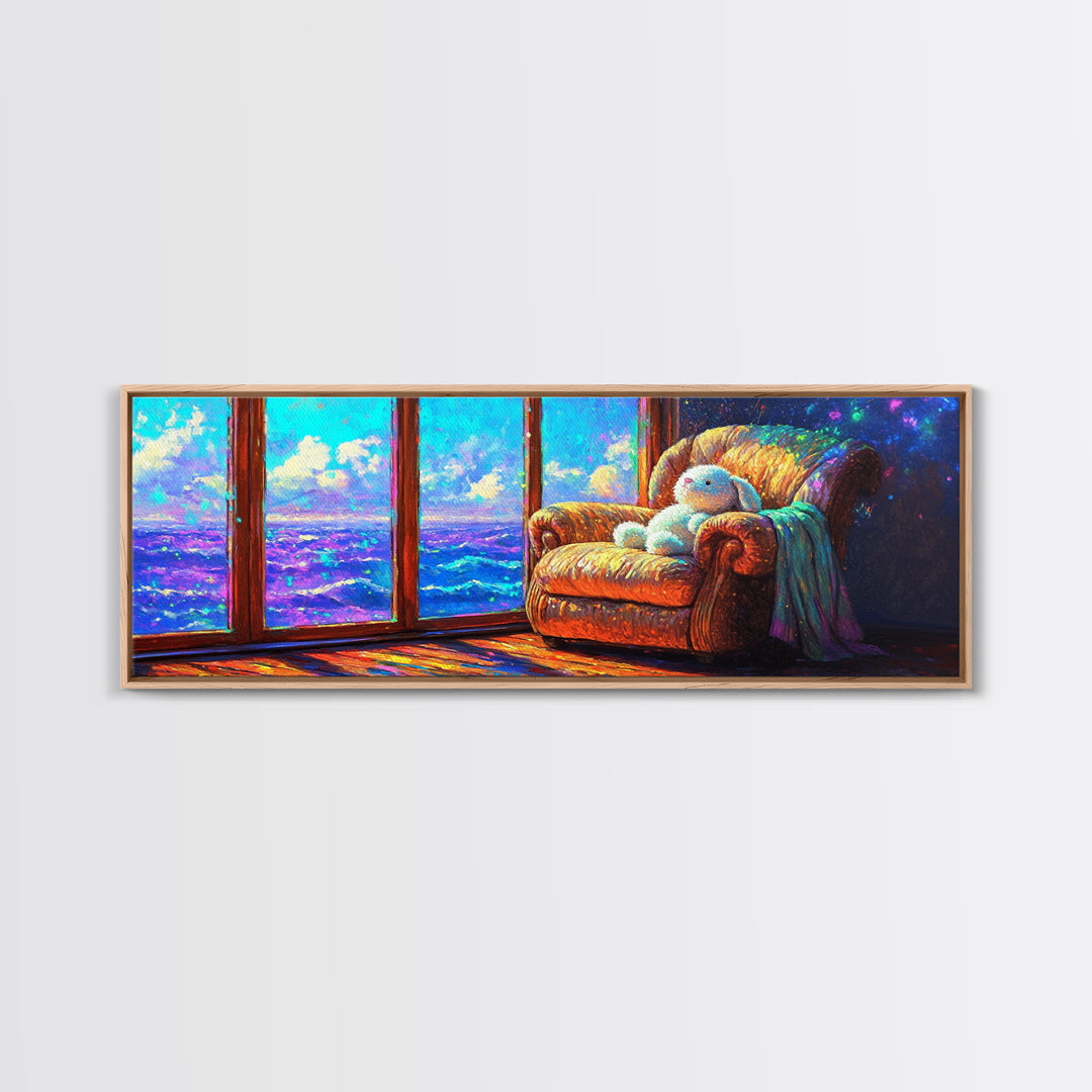 Cozy Bunny Armchair By Ocean Window Framed Canvas Print, Whimsical Nursery Wall Art, Beach House Bedroom Decor, Baby Gift