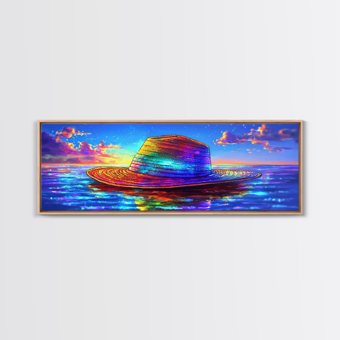 Rainbow Straw Hat Floating On Sunset Ocean Wall Art, Colorful Beach Decor, Coastal Canvas Print, Summer Vacation Poster Art