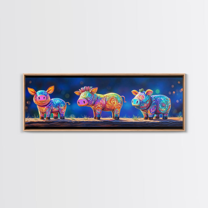 Three Rainbow Farm Animal Figures Wall Art, Colorful Animal Nursery Art, Whimsical Farmhouse Decor, Kids Room Canvas Print