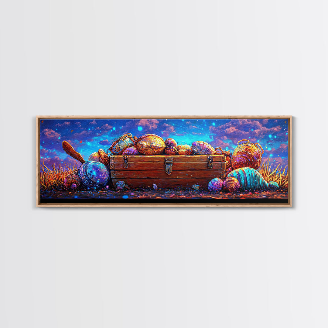 Treasure Chest With Glowing Seashells Canvas Print, Coastal Wall Art, Nautical Decor, Ocean Nursery Decor, Beach House Art