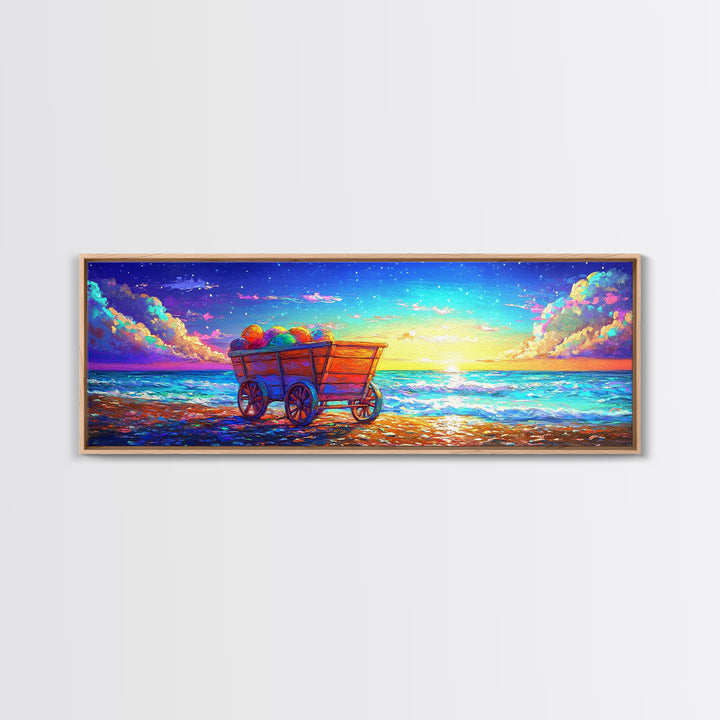 Wooden Wagon On Sunset Beach Framed Canvas Print, Coastal Wall Art, Ocean Painting, Beach House Decor, Seascape Art, Summer Home Decor