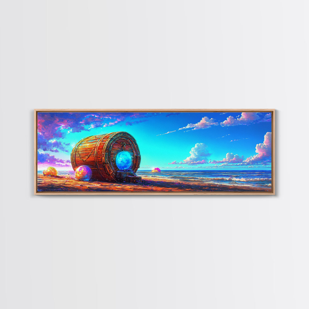 Glowing Barrel On Dreamy Seashore Framed Canvas Print, Coastal Wall Art, Beach House Decor, Surreal Ocean Wall Art, Nautical Decor