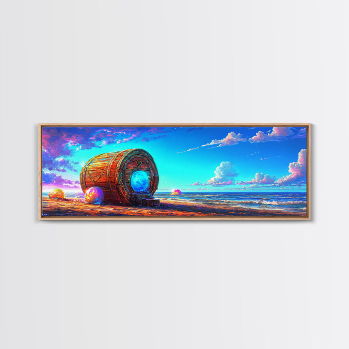 Glowing Barrel On Dreamy Seashore Framed Canvas Print, Coastal Wall Art, Beach House Decor, Surreal Ocean Wall Art, Nautical Decor
