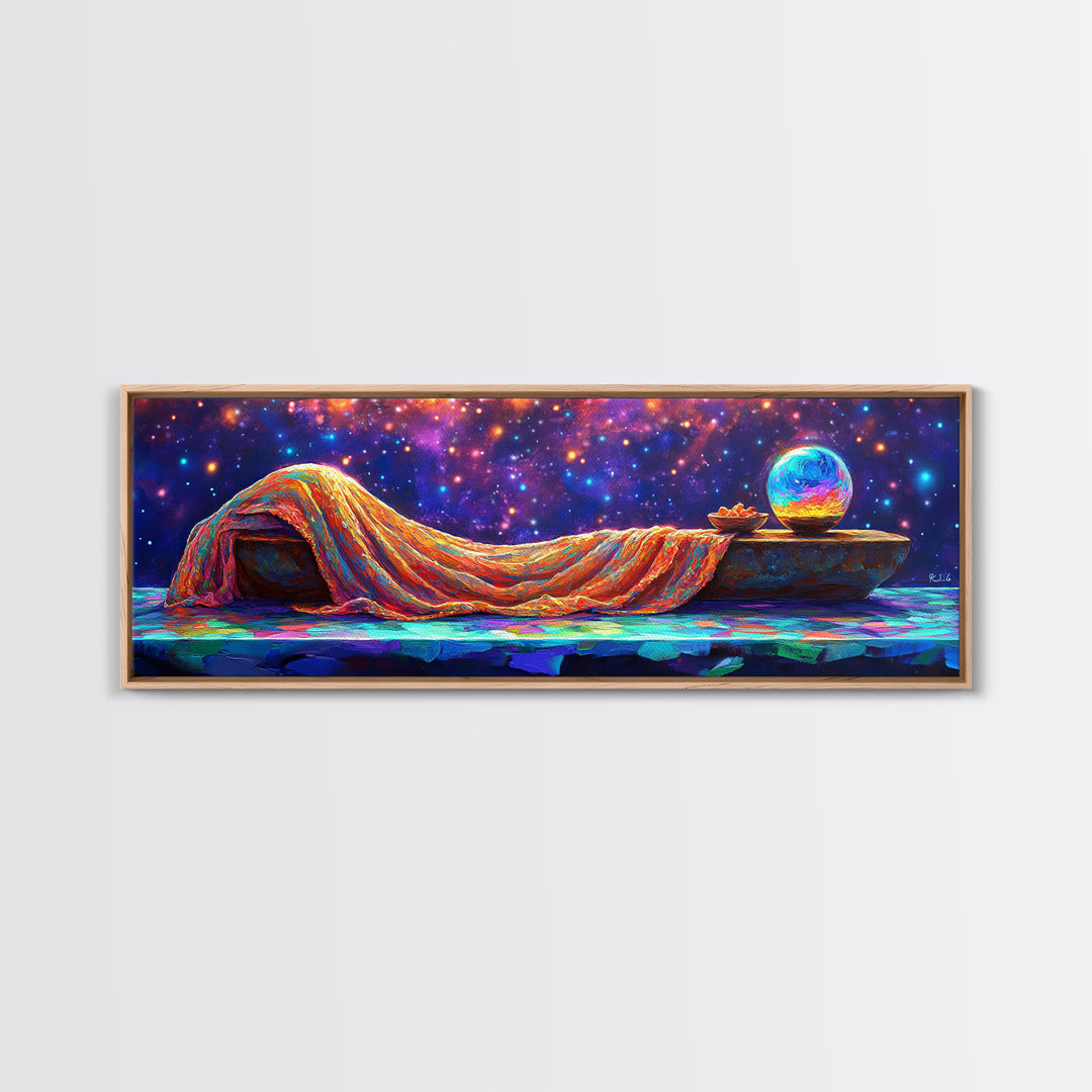 Dreamy Draped Bed Under Starry Sky Wall Art, Celestial Wall Art, Surreal Art, Whimsical Decor, Bedroom Wall Art, Modern Home Decor