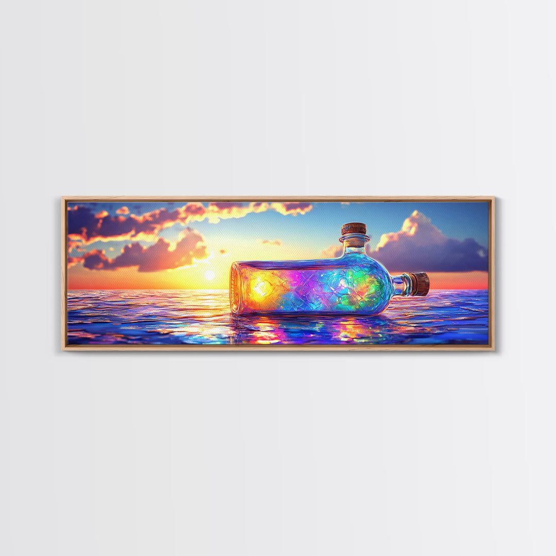 Glowing Message Bottle At Ocean Sunset Framed Canvas Print, Coastal Wall Art, Beach House Decor And Nautical Gift For Living Room