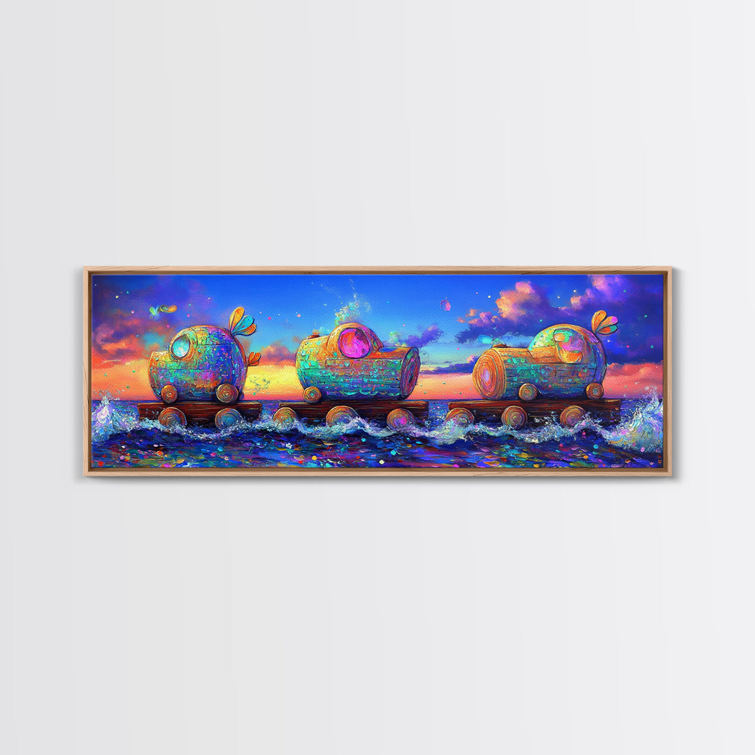Whimsical Toy Train Rolling Through Ocean Waves Wall Art, Colorful Coastal Decor, Fantasy Nursery Art, Playroom Canvas Print