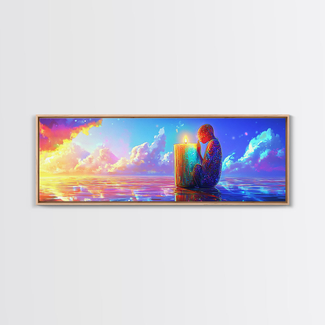 Solitary Figure Holding Candle By Sunset Sea Wall Art, Mystical Ocean Canvas Print, Spiritual Decor, Coastal Meditation Room Decor