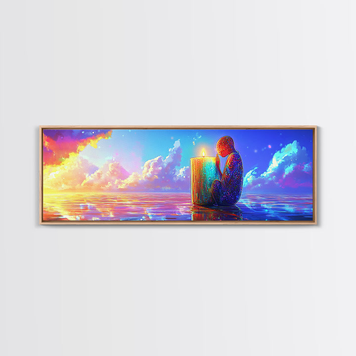 Solitary Figure Holding Candle By Sunset Sea Wall Art, Mystical Ocean Canvas Print, Spiritual Decor, Coastal Meditation Room Decor