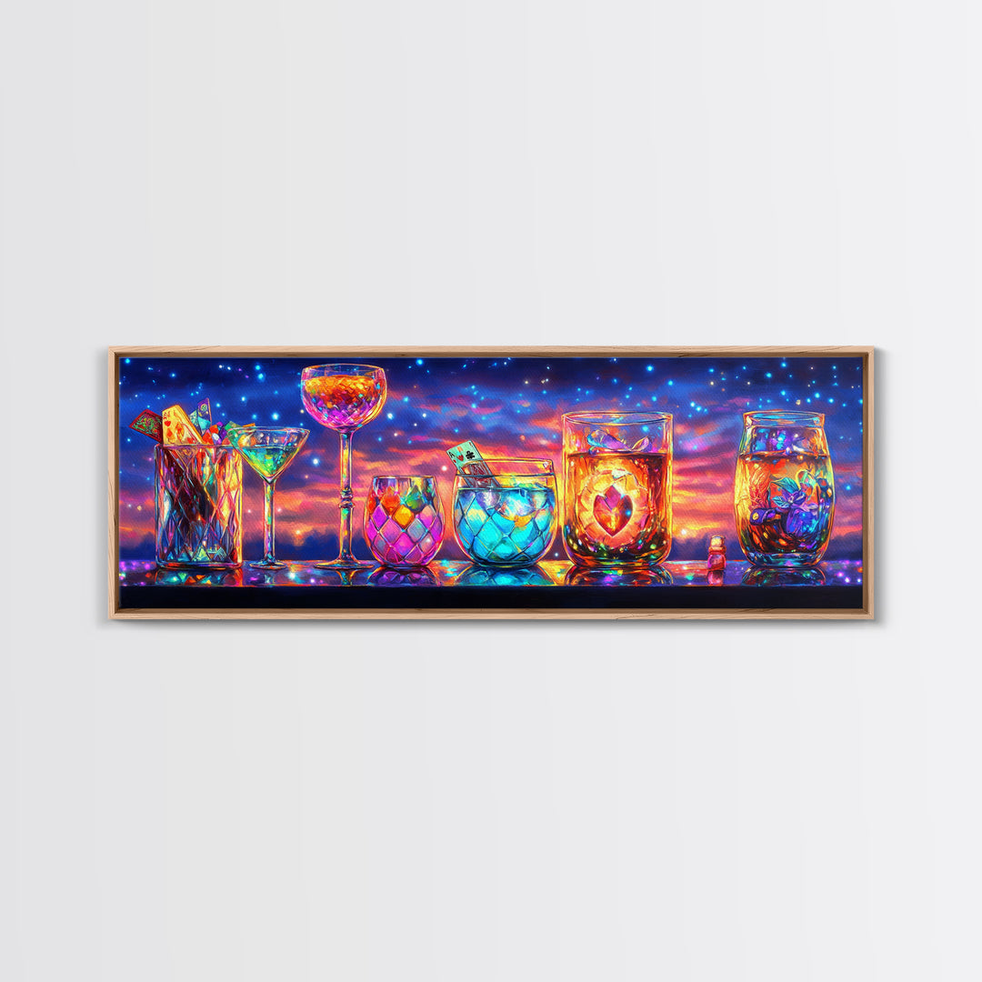 Glowing Cocktail Glasses At Twilight Wall Art, Colorful Bar Cart Canvas Print, Home Bar Decor, Martini And Wine Lover Gift