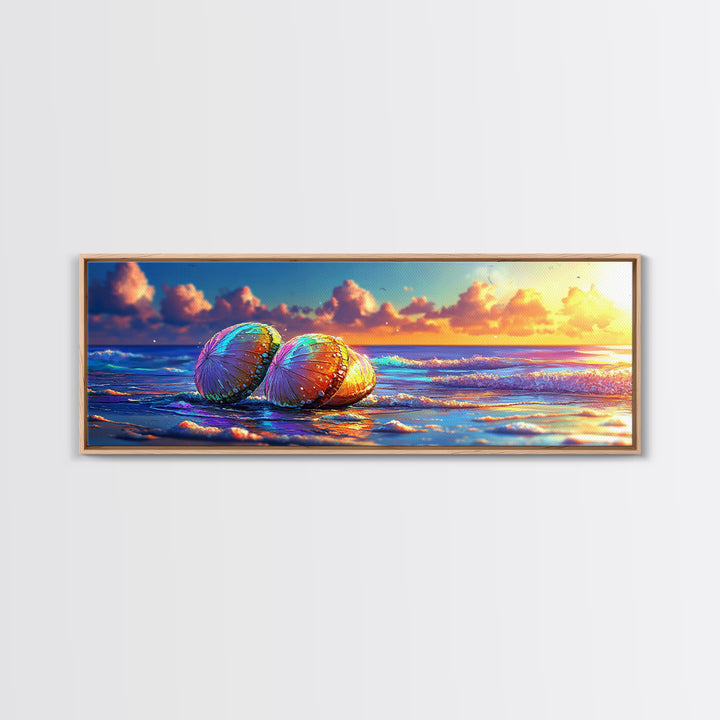 Sunlit Seashells On Ocean Shore Canvas Print, Coastal Wall Art, Beach House Decor, Nautical Seascape Living Room Decor Print