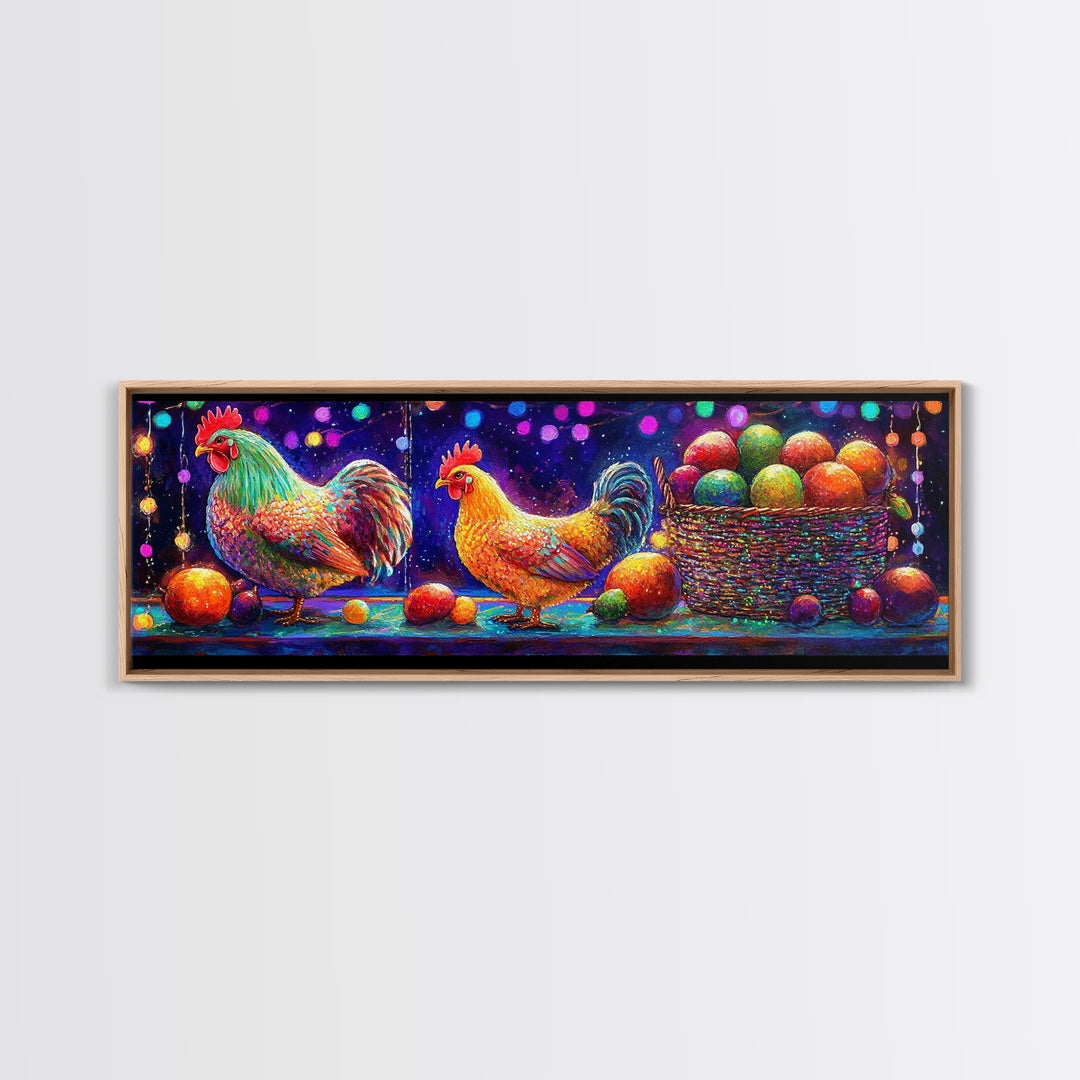Colorful Roosters And Hen With Fruit Basket Canvas Print, Farmhouse Kitchen Wall Art, Chicken Art, Rustic Home Decor Gift