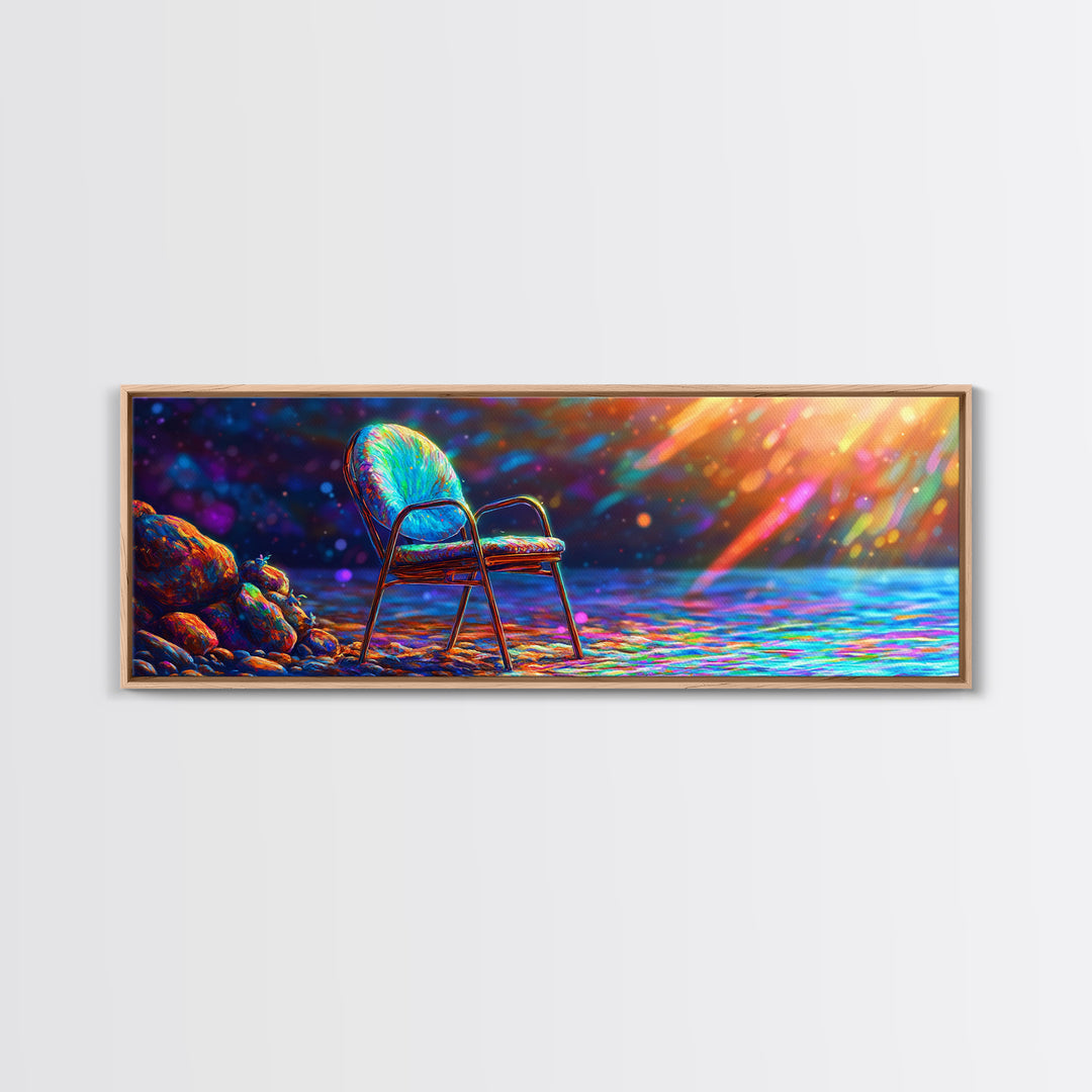 Empty Chair By Radiant Ocean Light Framed Canvas Print, Coastal Wall Art, Beach House Decor, Serene Seascape, Gift For Her