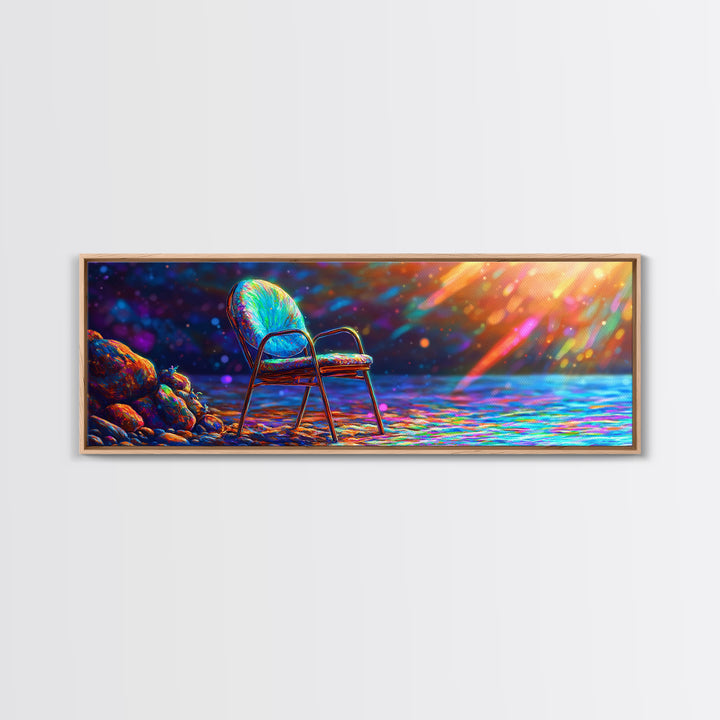 Empty Chair By Radiant Ocean Light Framed Canvas Print, Coastal Wall Art, Beach House Decor, Serene Seascape, Gift For Her
