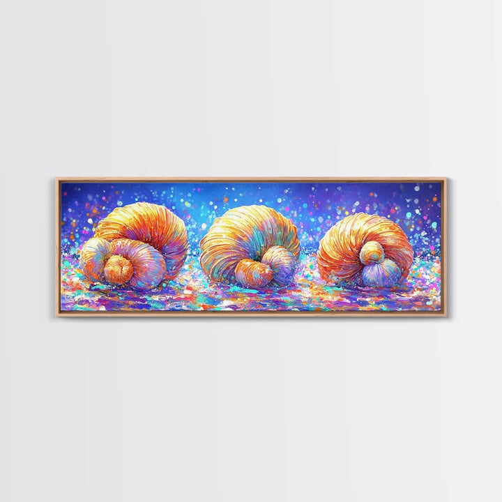 Three Radiant Seashells In Confetti Light Canvas Print, Coastal Wall Art, Beach House Decor, Nautical Bathroom Wall Decor