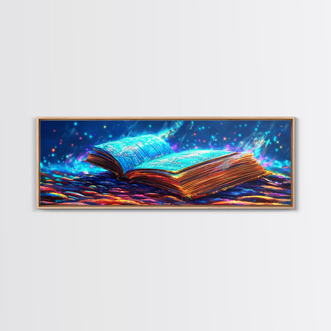 Glowing Open Book With Magical Blue Light Wall Art, Fantasy Library Canvas Print, Book Lover Decor, Dark Academia Gift For Readers