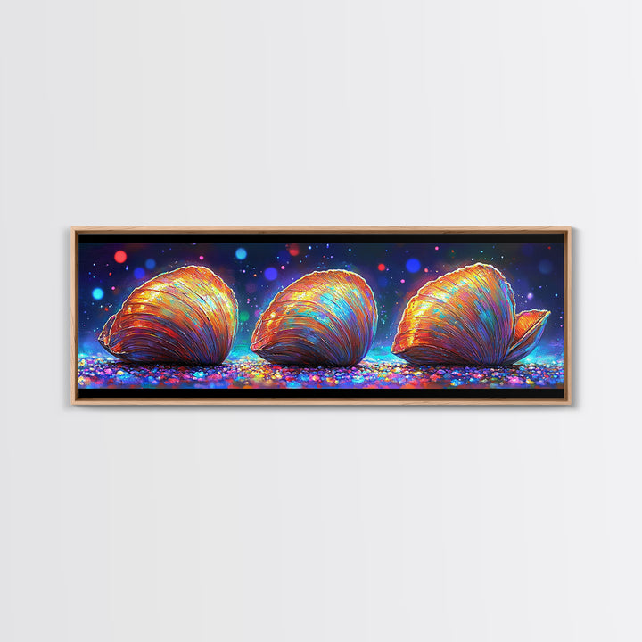 Three Glowing Seashells Canvas Print, Coastal Wall Art, Ocean Bathroom Decor, Beach House Gift, Colorful Nautical Art Print