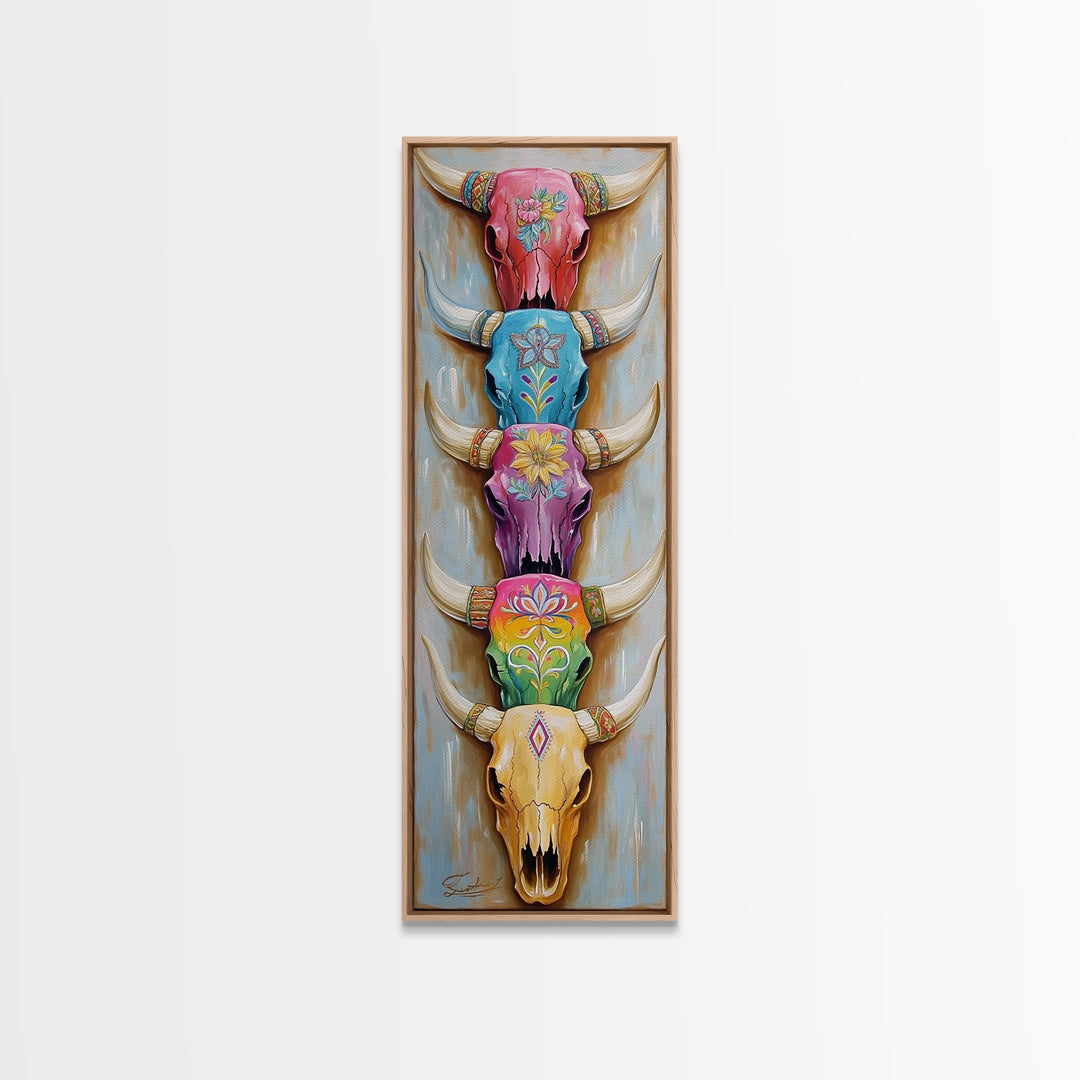 Stacked Painted Longhorn Skulls Wall Art, Southwestern Western Decor, Cowgirl Framed Canvas Print, Boho Ranch Home Decor