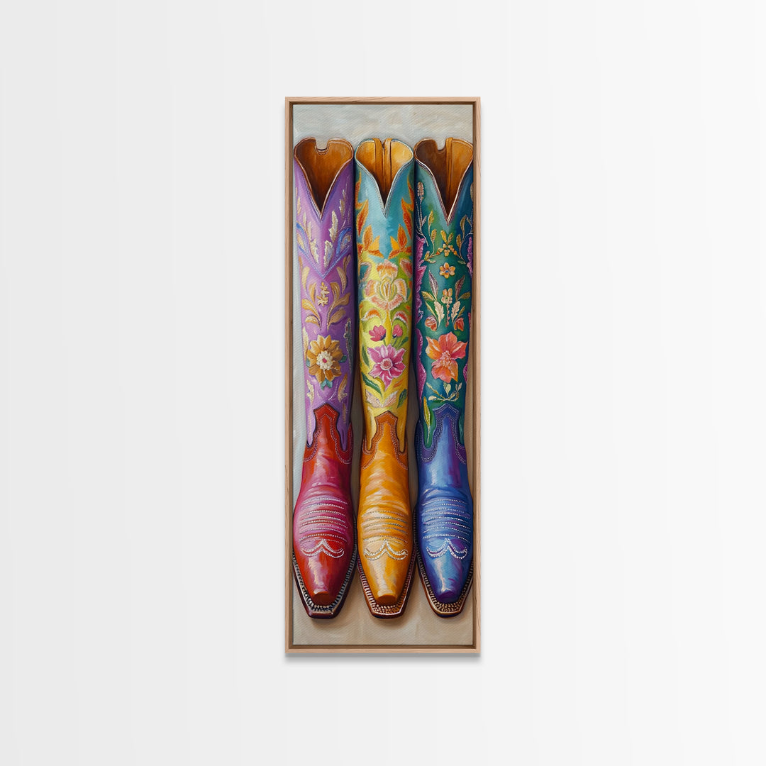 Three Tall Floral Cowboy Boots Wall Art, Western Cowgirl Decor, Southwestern Framed Canvas Print, Rustic Bedroom Wall Decor