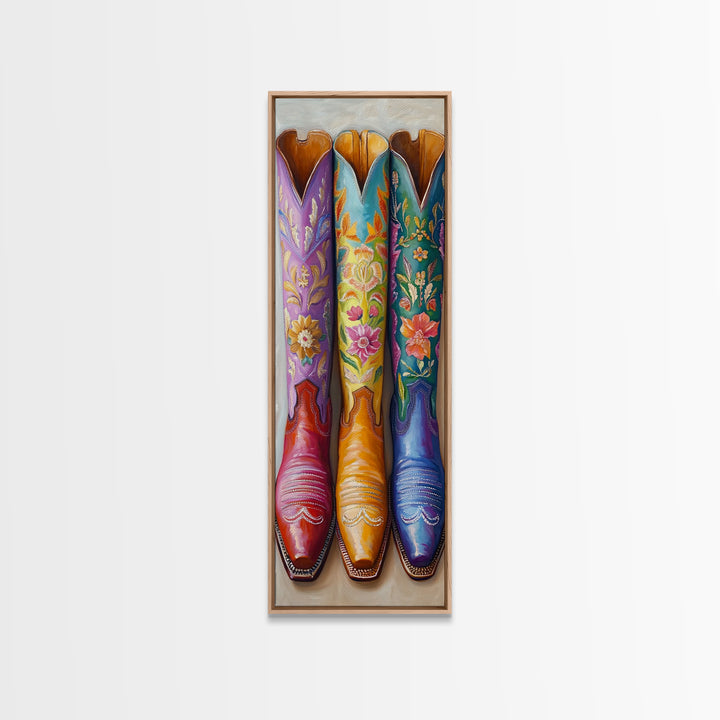 Three Tall Floral Cowboy Boots Wall Art, Western Cowgirl Decor, Southwestern Framed Canvas Print, Rustic Bedroom Wall Decor