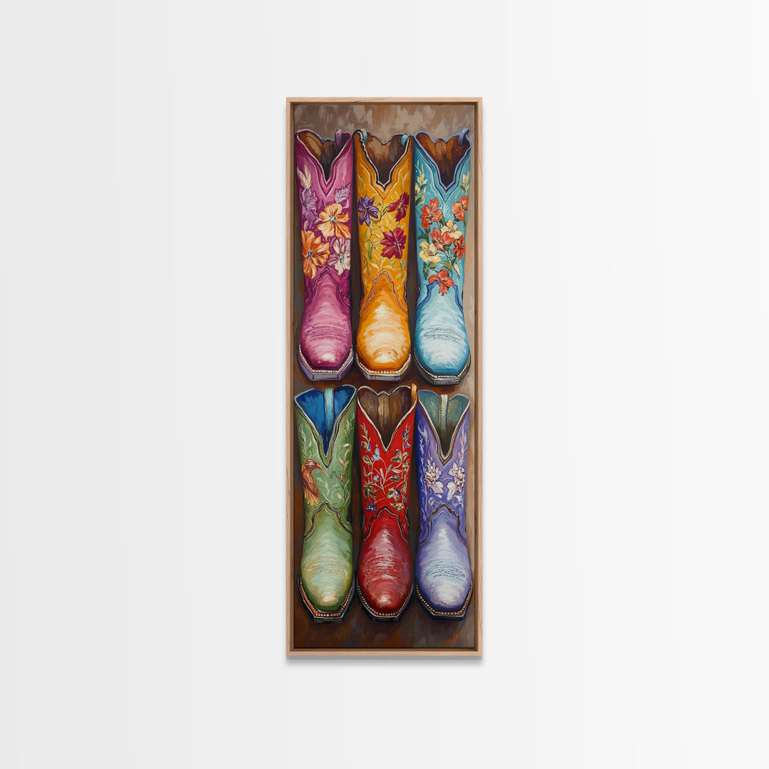Six Floral Cowboy Boots Wall Art, Western Framed Canvas Print For Cowgirl Bedroom Living Room Rustic Home Decor Gift For Her