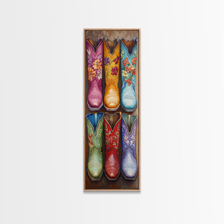 Six Floral Cowboy Boots Wall Art, Western Framed Canvas Print For Cowgirl Bedroom Living Room Rustic Home Decor Gift For Her