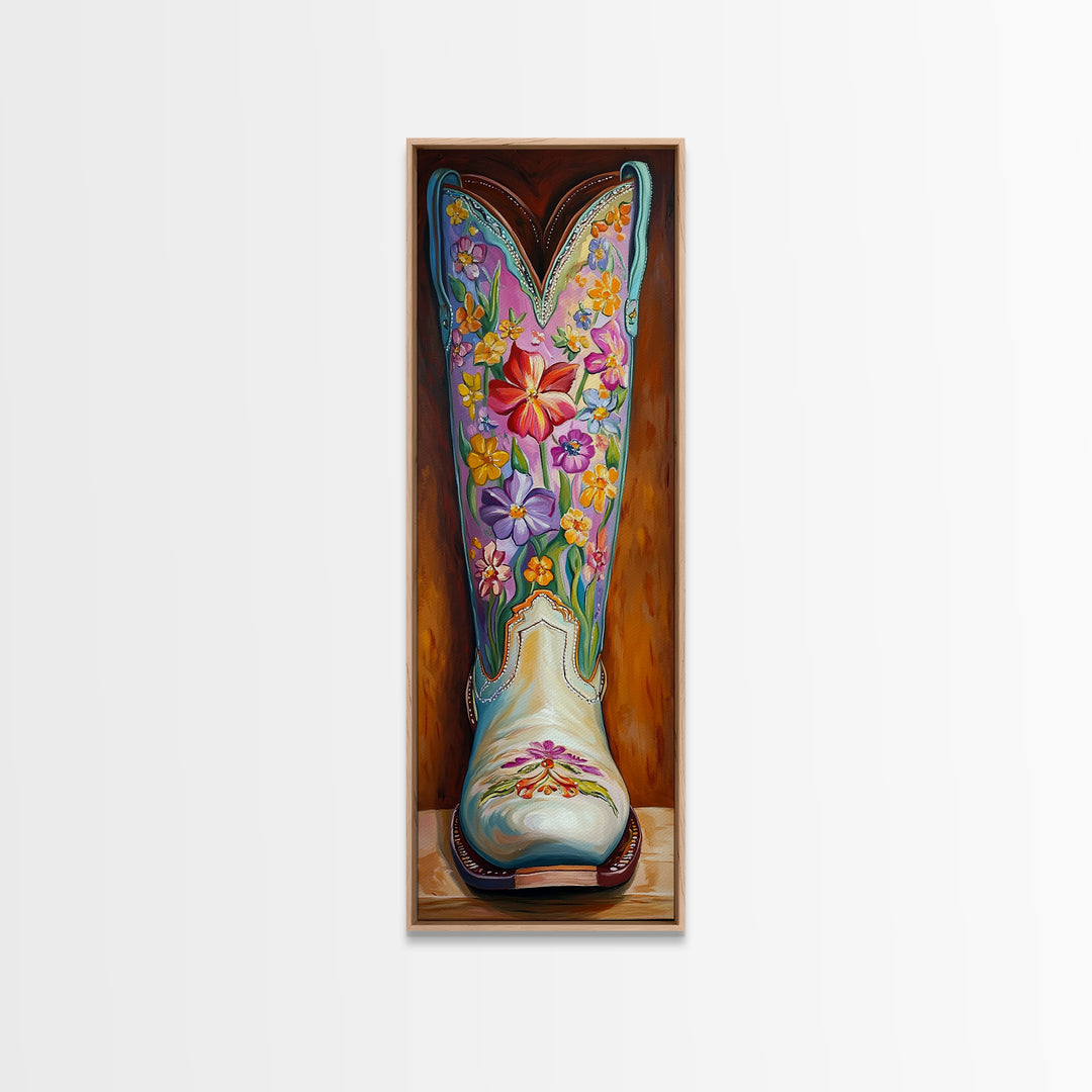 Turquoise Floral Cowboy Boot Framed Canvas Print, Western Cowgirl Wall Art, Boho Rodeo Decor, Southwestern Living Room Art