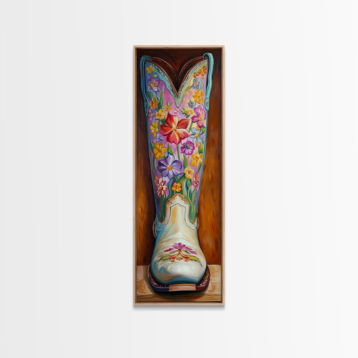 Turquoise Floral Cowboy Boot Framed Canvas Print, Western Cowgirl Wall Art, Boho Rodeo Decor, Southwestern Living Room Art